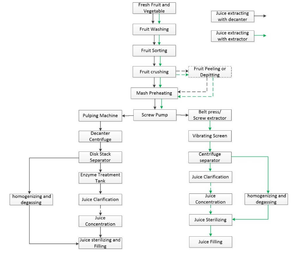 Fruit and vegetable juice processing technological flowchart